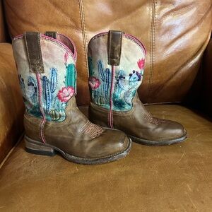 Roper Kids Brown Leather Boots with Turquoise & Pink Cactus Design